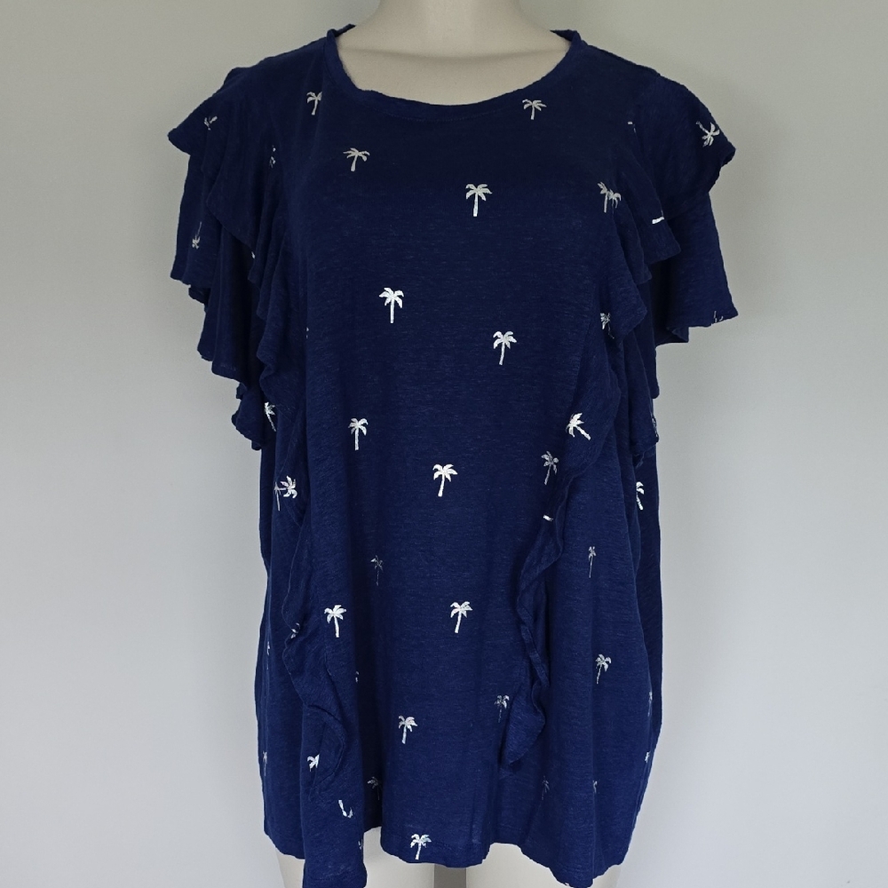 Chico's blue linen ruffled top with silver palm tree print-4
